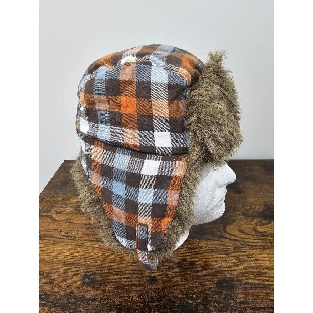 Gymboree Greatest Big Brother Line Orange Plaid Trapper Faux Fur Hat Size 4T-5T